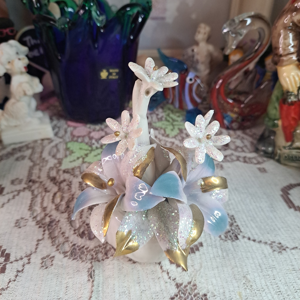 Decorative Capodimonte Italian Ceramic Flower Figurine in White, Blue and Gold